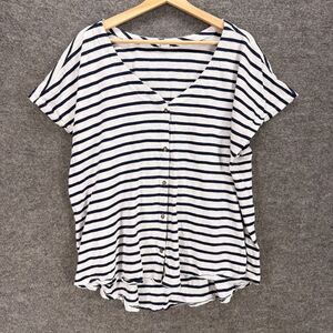 Old Navy Top Women 2XL White Striped Button Up V-Neck Short Sleeve Cotton Casual
